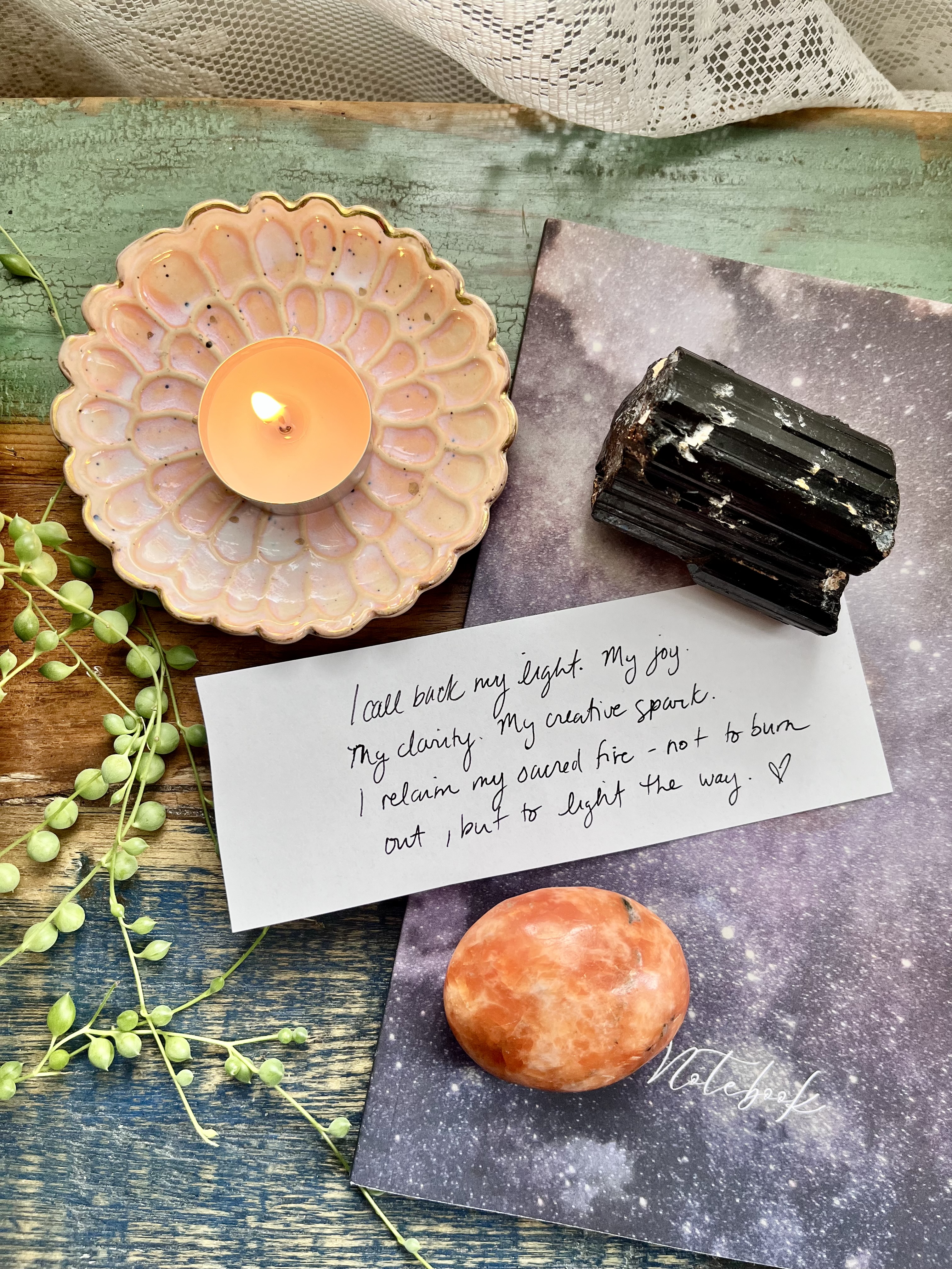 Black Tourmaline, Sunstone, Candle, affirmations
