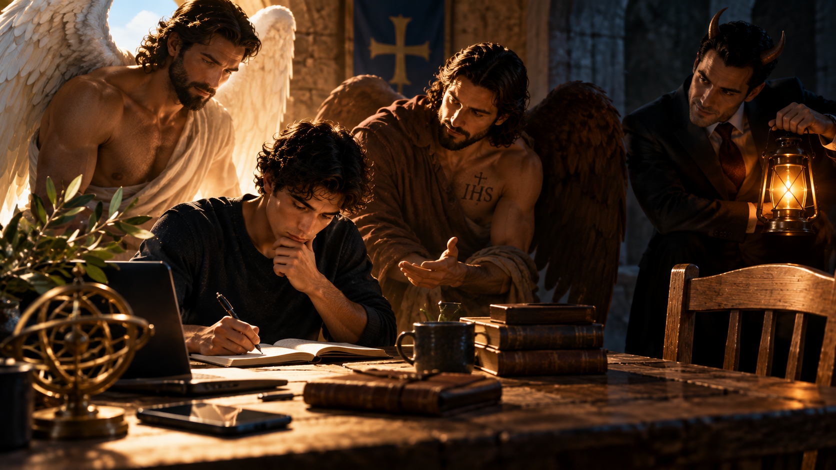 Young man and the Builder and Spirit at Work and The Devil at Work to temp the young man.