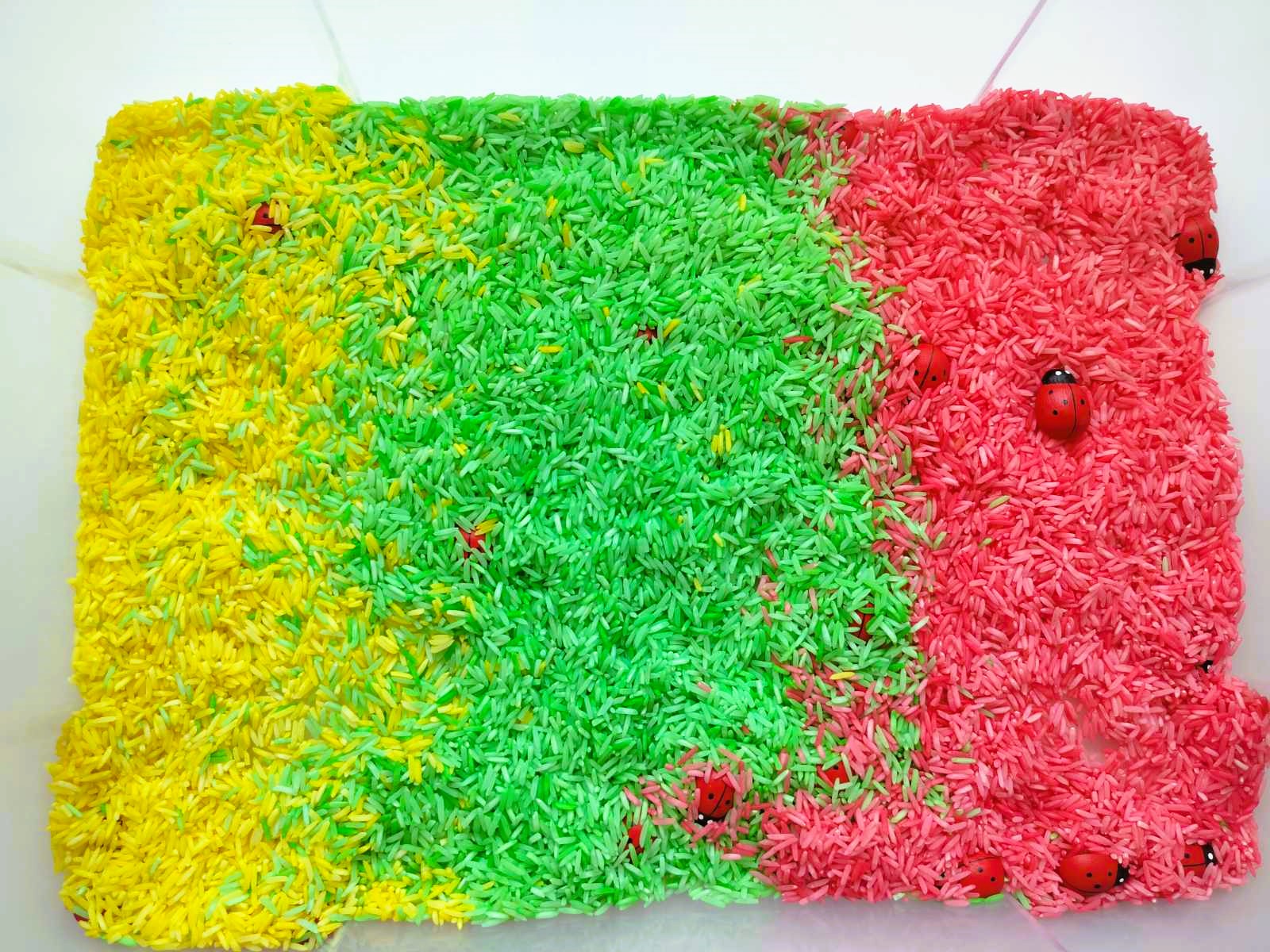 colored rice sensory bin