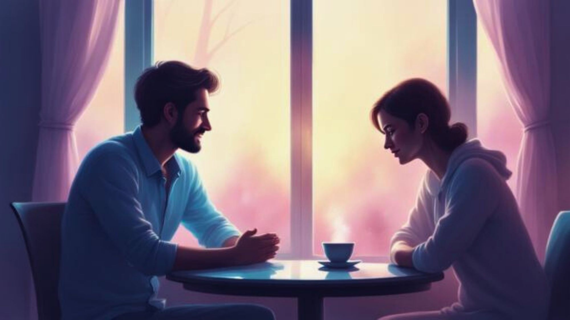 Two people sitting at a café table by a window; one person is engaged and speaking, while the other looks distant and withdrawn, staring past the moment, with an untouched cup of coffee between them—illustrating being physically present but mentally absent.