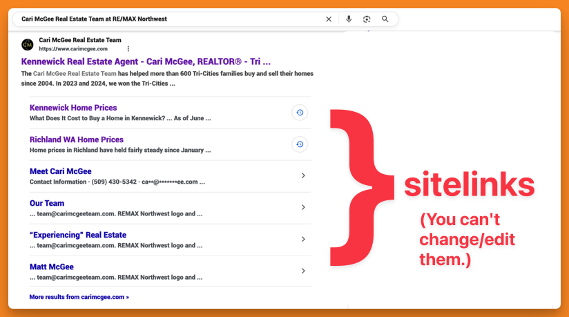 screenshot of Google search result with sitelinks