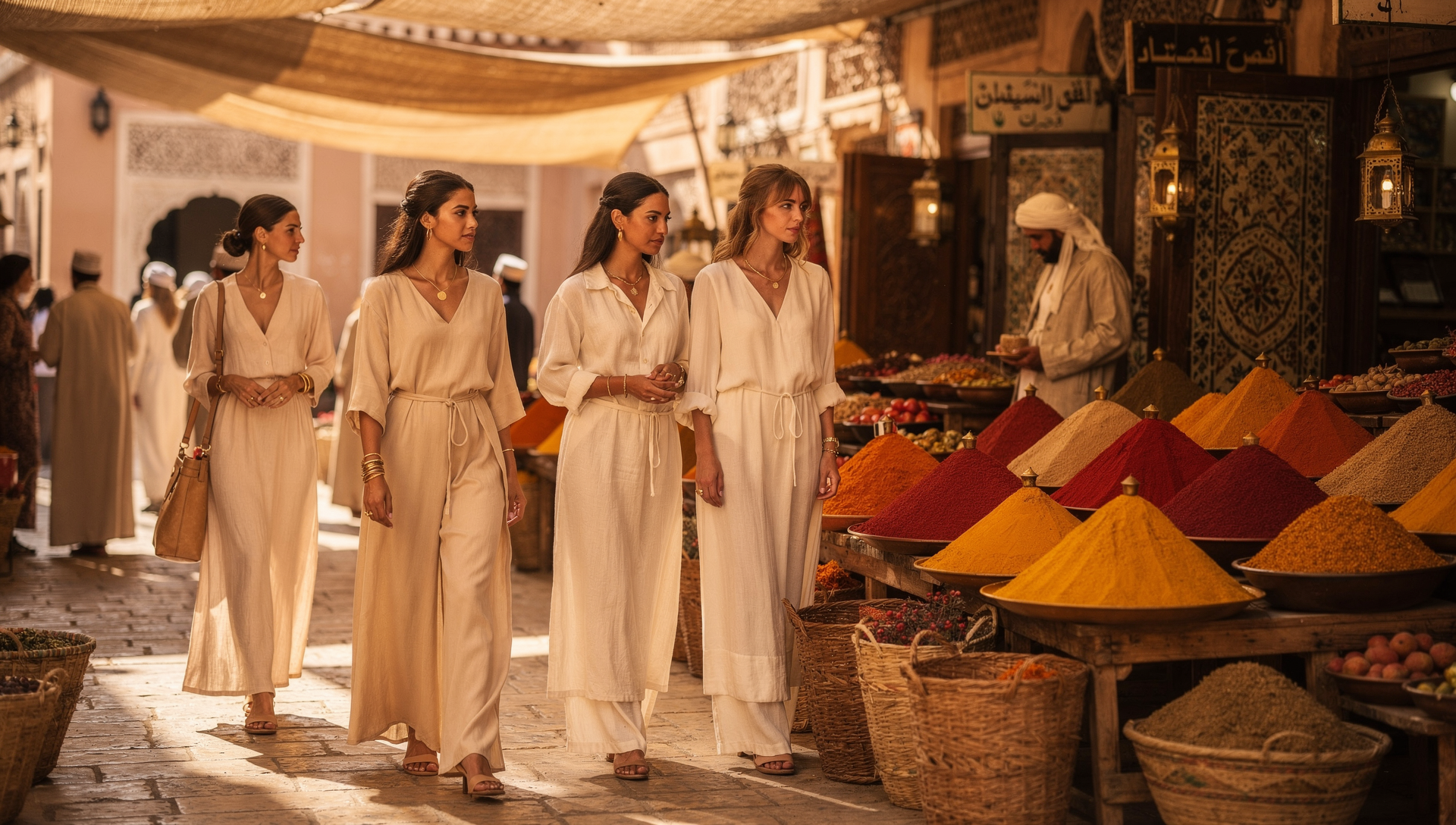 Female travelers walking confidently through a vibrant local market