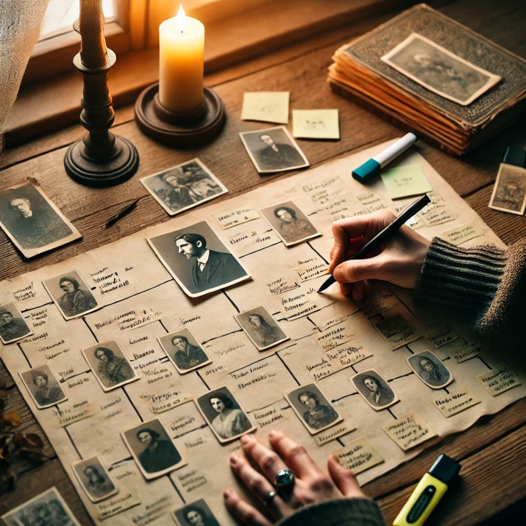 Personne construisant un arbre généalogique à la main, avec photos anciennes, prénoms et dates, dans une atmosphère introspective