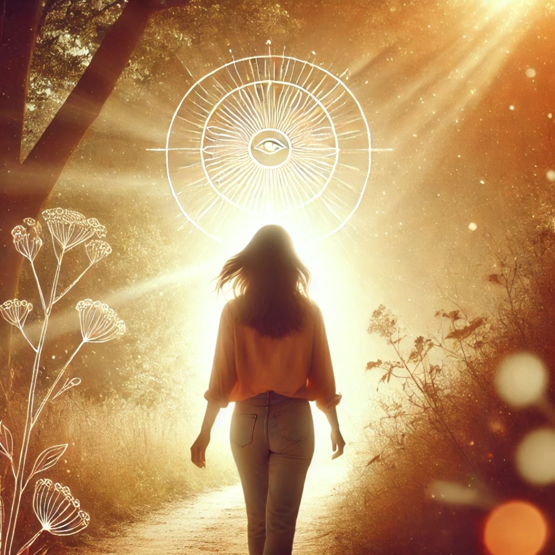 Femme marchant sereinement sur un chemin ensoleillé, la lumière formant un motif d’œil stylisé en arrière-plan, symbolisant le discernement retrouvé après une blessure de trahison transgénérationnelle