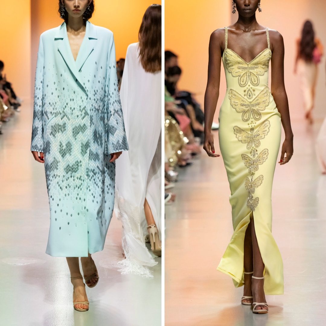  A yellow gown with intricate butterfly embroidery and a thigh-high slit, paired with a blue gradient coat featuring geometric patterns, showcased in Georges Hobeika's Ready-to-Wear Spring 2025 collection