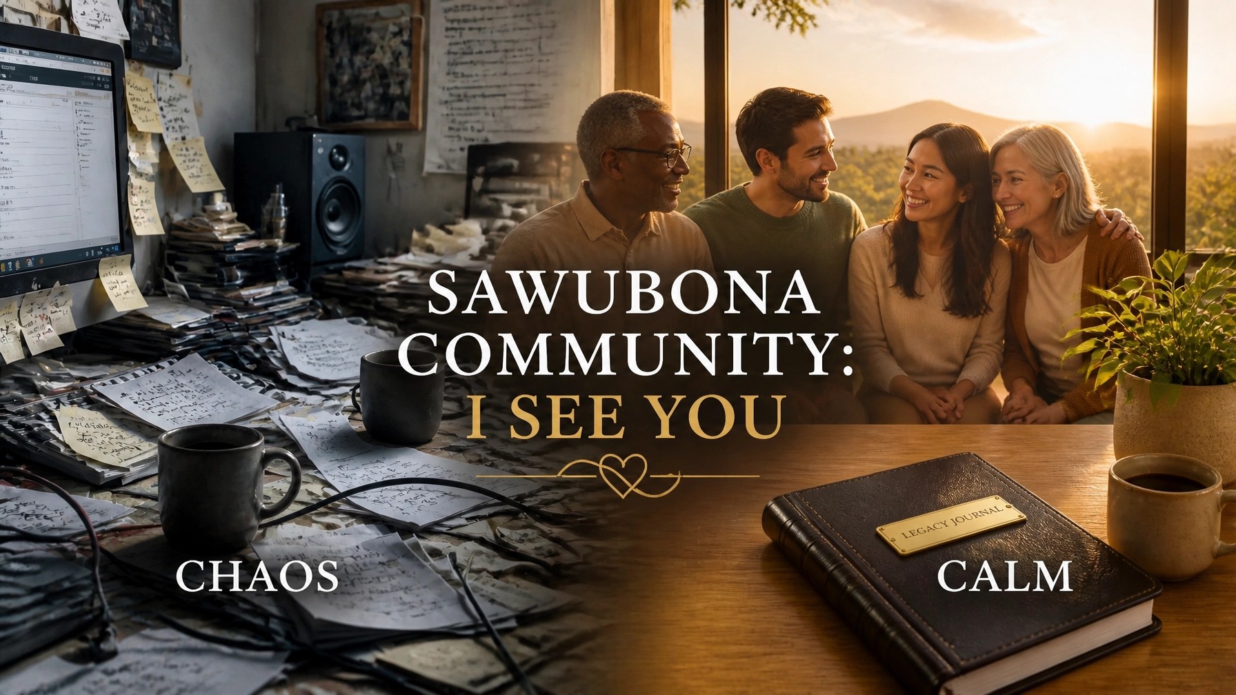 A high-key, sun-drenched split-screen banner. On the left, a cluttered, cool-toned workspace represents the 'flat' chaos of an overwhelming life. On the right, a warm, golden-hour sanctuary features a physical leather-like Legacy Journal and an inclusive group of four men and women ranging from Gen Y to seniors. The text 'SAWUBONA COMMUNITY: I SEE YOU' bridges the transition from chaos to calm.