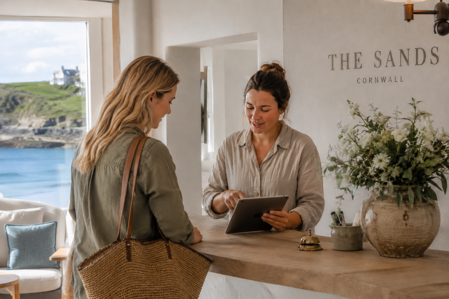 Two people at a bright hotel reception desk, one showing the other something on a tablet, both engaged and relaxed, natural daylight streaming in. Coastal boutique hotel setting, pale stone and rattan textures, soft coral accent in the decor (a cushion, a flower arrangement). Candid, mid-conversation, not looking at camera. Warm, human, collaborative feeling rather than "person operating a machine."
