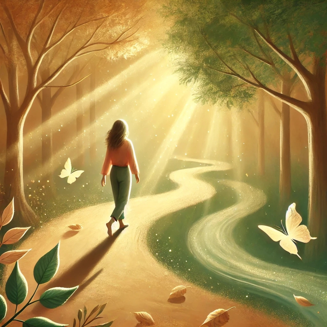 Femme marchant pieds nus sur un chemin forestier baigné de lumière, symbolisant le retour à soi après la libération de la dépendance affective.