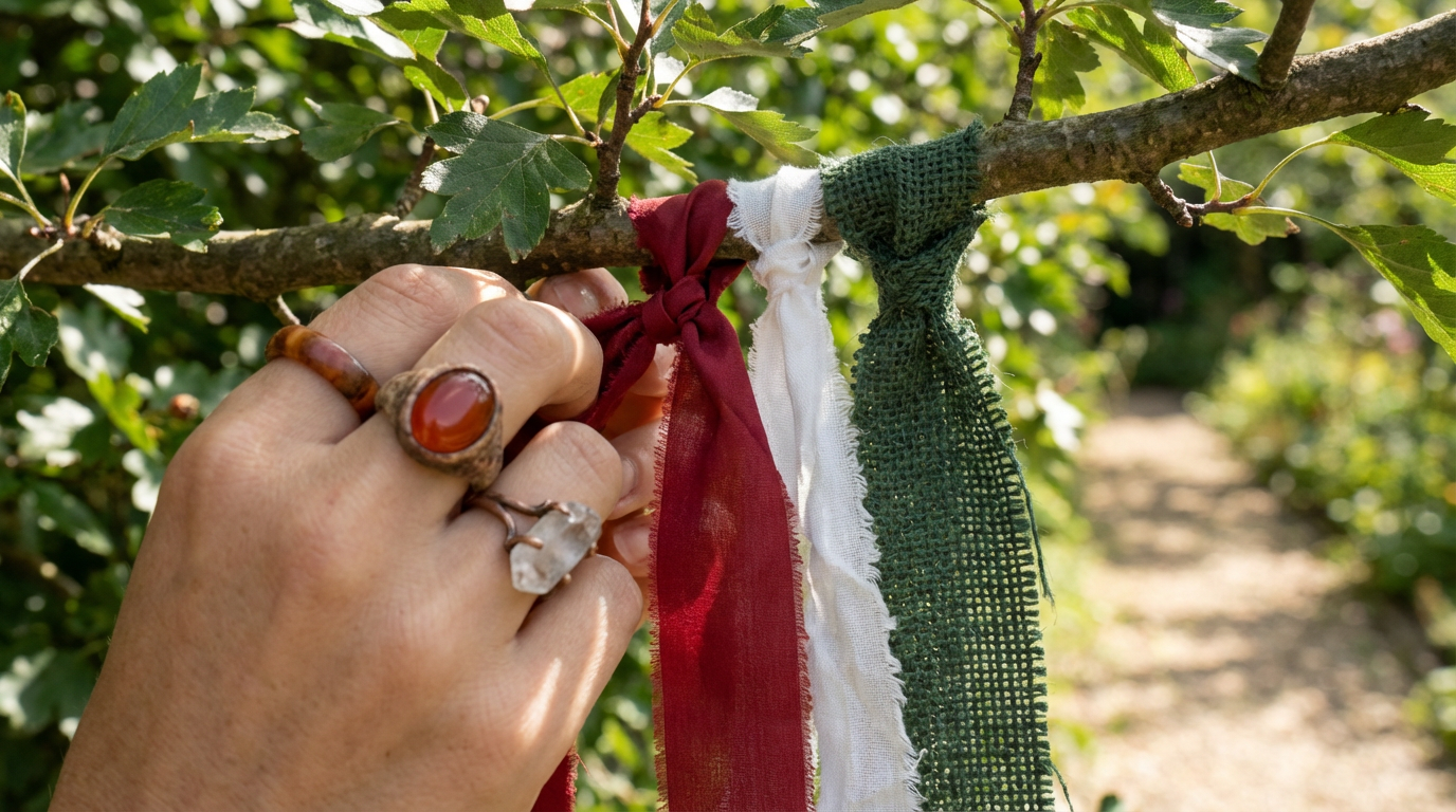 A close-up of hands wearing carnelian and clear quartz rings braiding red, white, and green ribbons onto a hawthorn tree branch as part of a solo Beltane manifestation ritual.