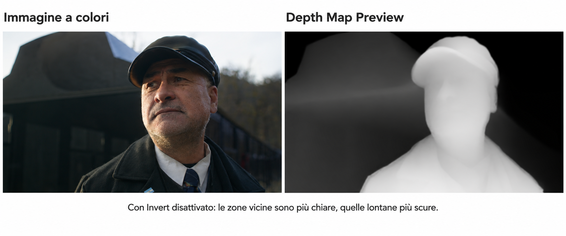 Confronto dello stesso fotogramma a colori e con Depth Map Preview: soggetto chiaro, piani intermedi grigi e sfondo scuro.