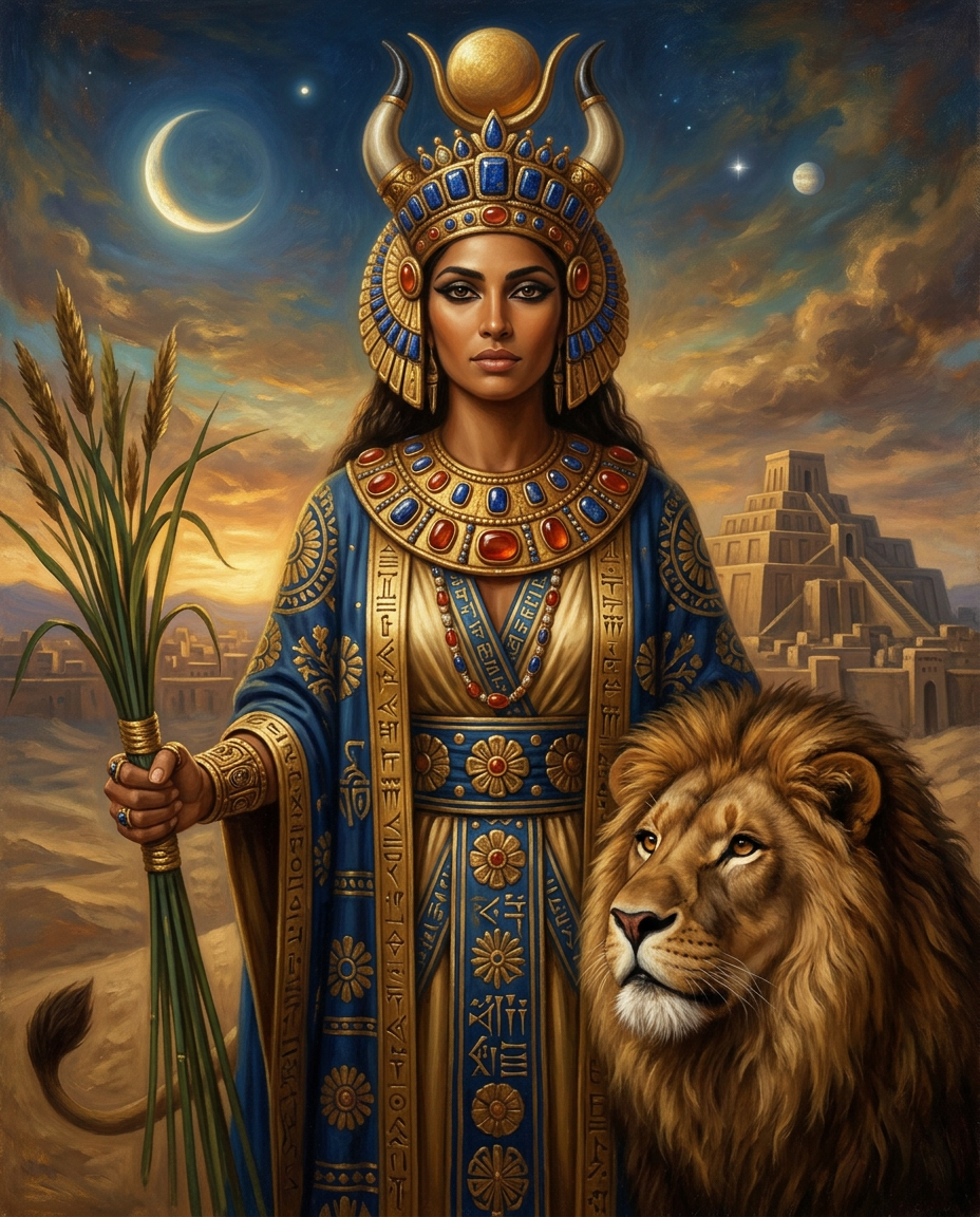 A vibrant, stylized digital painting of a powerful woman representing the goddess Inanna. She has dark hair and striking features, wearing an elaborate golden headdress with a crescent moon and sun disk, a heavy beaded collar of lapis lazuli and carnelian, and a blue robe adorned with gold cuneiform and floral patterns. She holds a bundle of green wheat stalks in one hand, while a majestic male lion stands faithfully at her side against a background of a desert ziggurat under a twilight sky with a crescent moon.