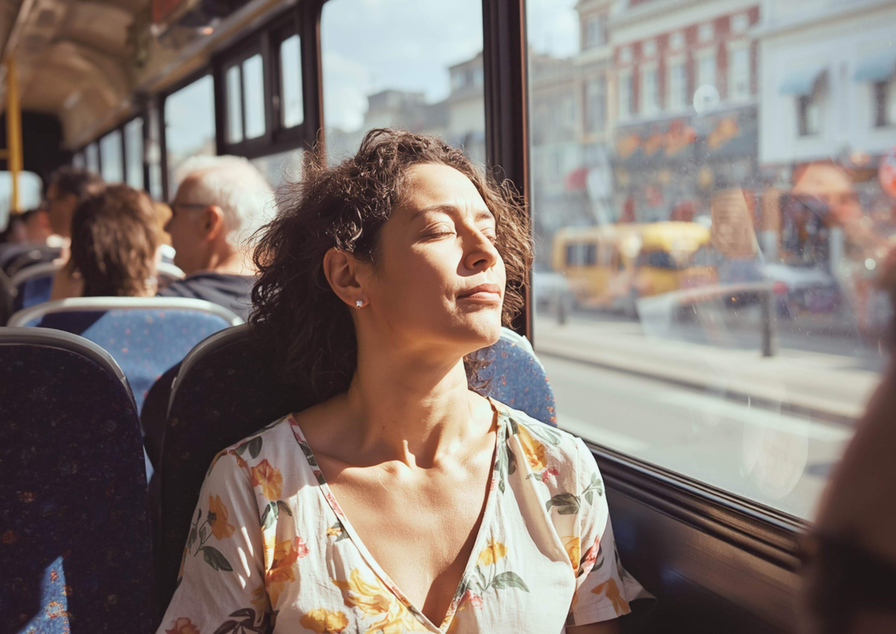 Une femme les yeux fermés dans un bus