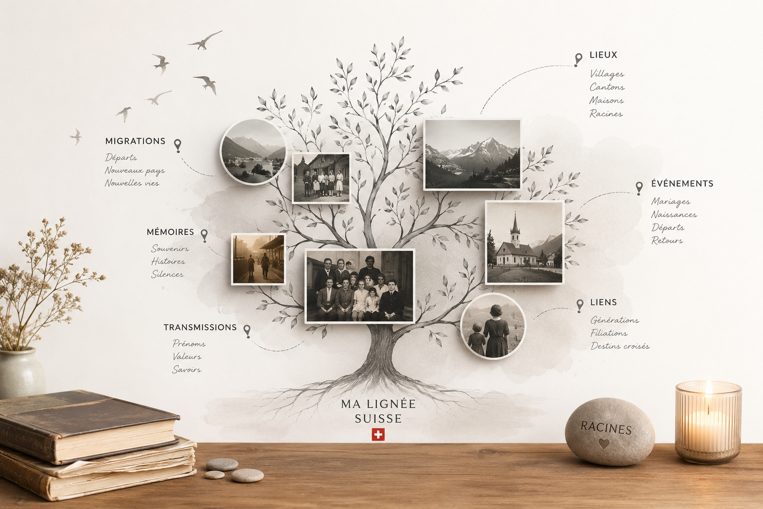 Illustration d’un arbre familial suisse reliant migrations, lieux, événements et mémoires pour une recherche transgénérationnelle