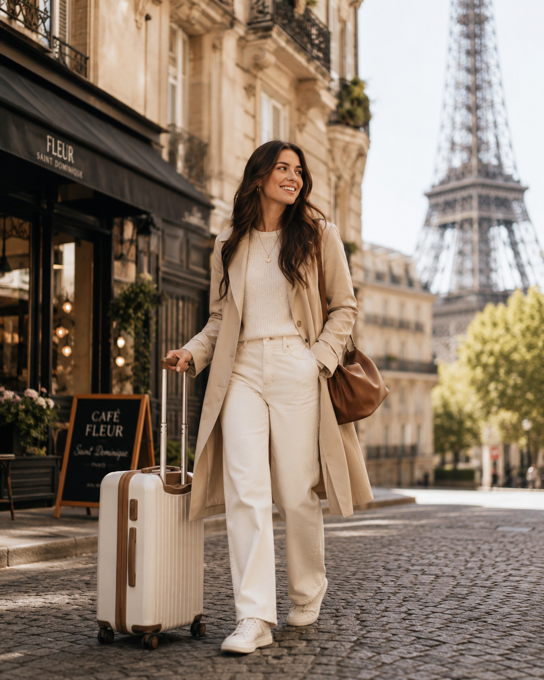 Confident woman rolling a suitcase through a beautiful cobblestone street abroad, smiling and relaxed - after state of booking with SYDT