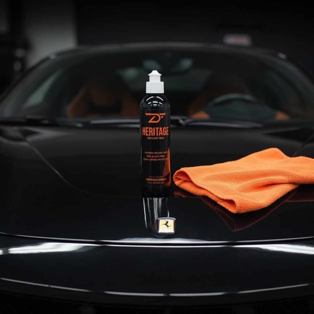Detailers Finest Heritage Sealant Wax bottle on car hood