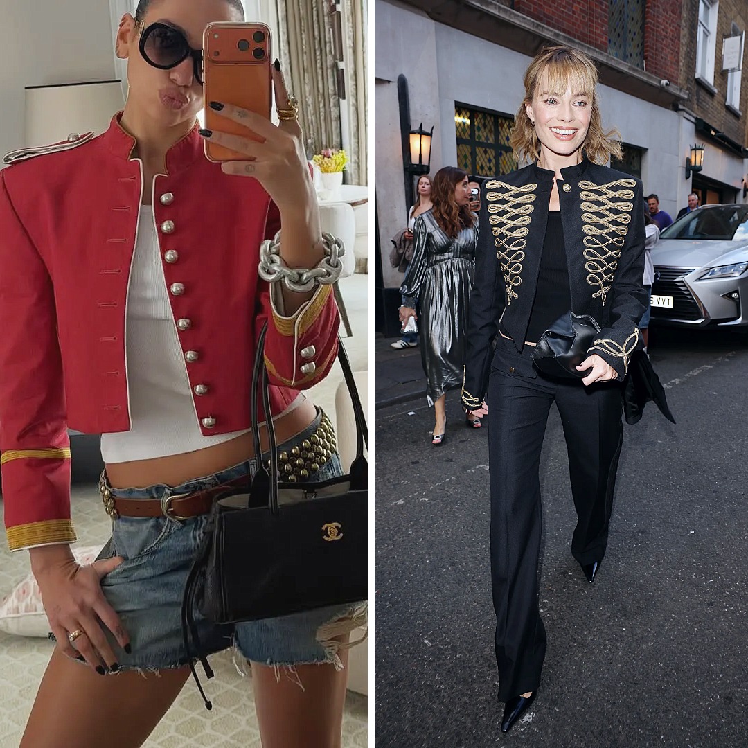 Dua Lipa in a cropped red Ann Demeulemeester Spring 2026 military jacket with silver buttons, and Margot Robbie in a black McQueen Spring 2026 Napoleon jacket with gold embroidered frogging.