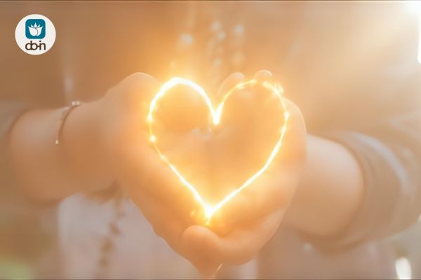 Gouden vlam in hartvorm symboliseert zingeving in Do-In Yoga