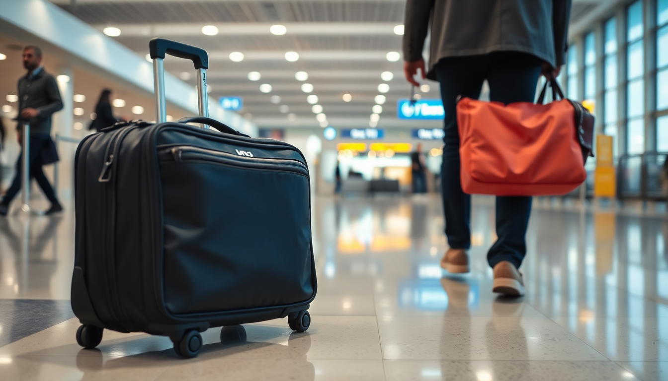 airport with a person pulling a roll bag