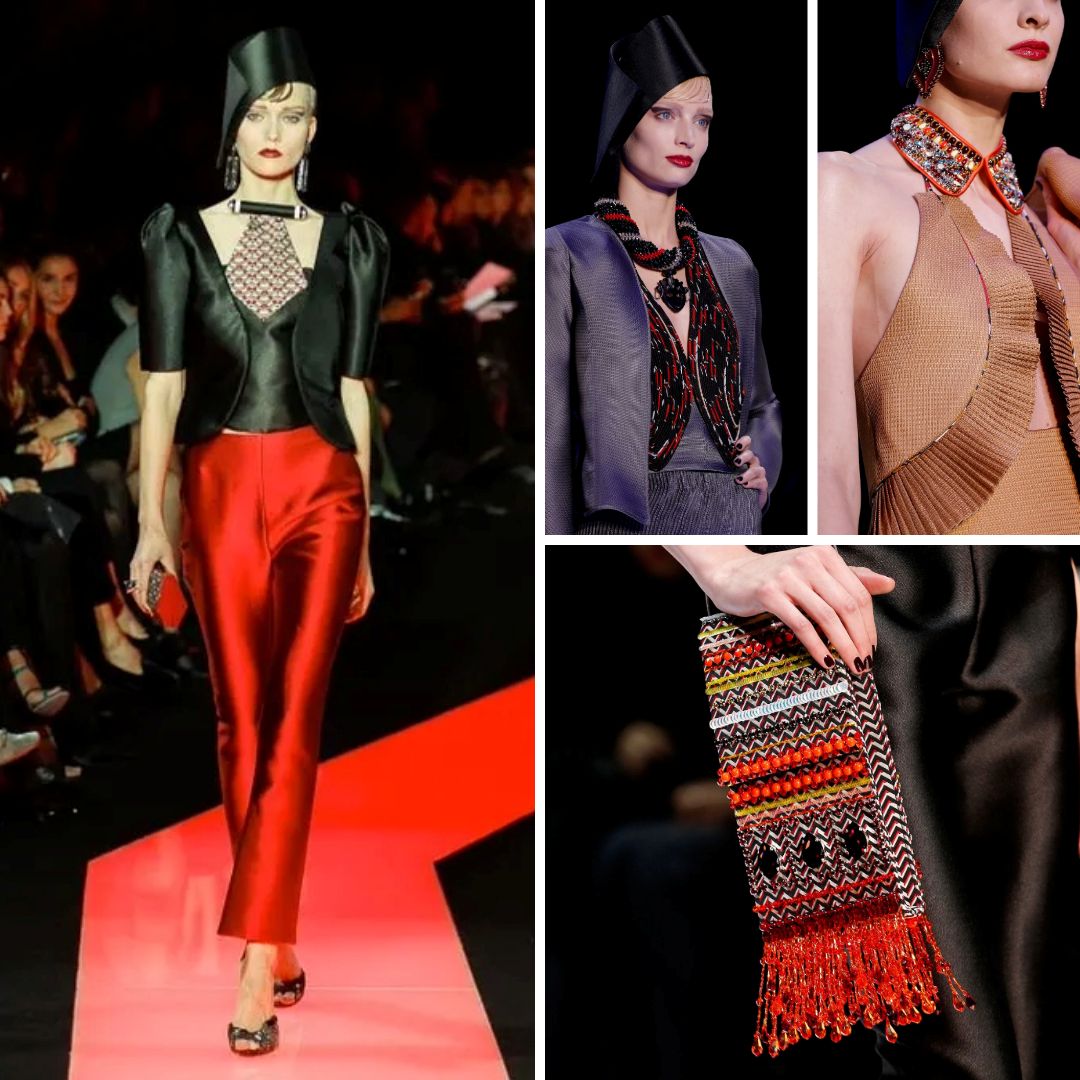 A dramatic couture collection featuring structured tailoring, rich embroidery, and Middle Eastern-inspired beadwork. Models wear sculptural hats, bold red satin trousers, and intricately detailed accessories, including beaded chokers and fringed clutches, reminiscent of traditional textile artistry.