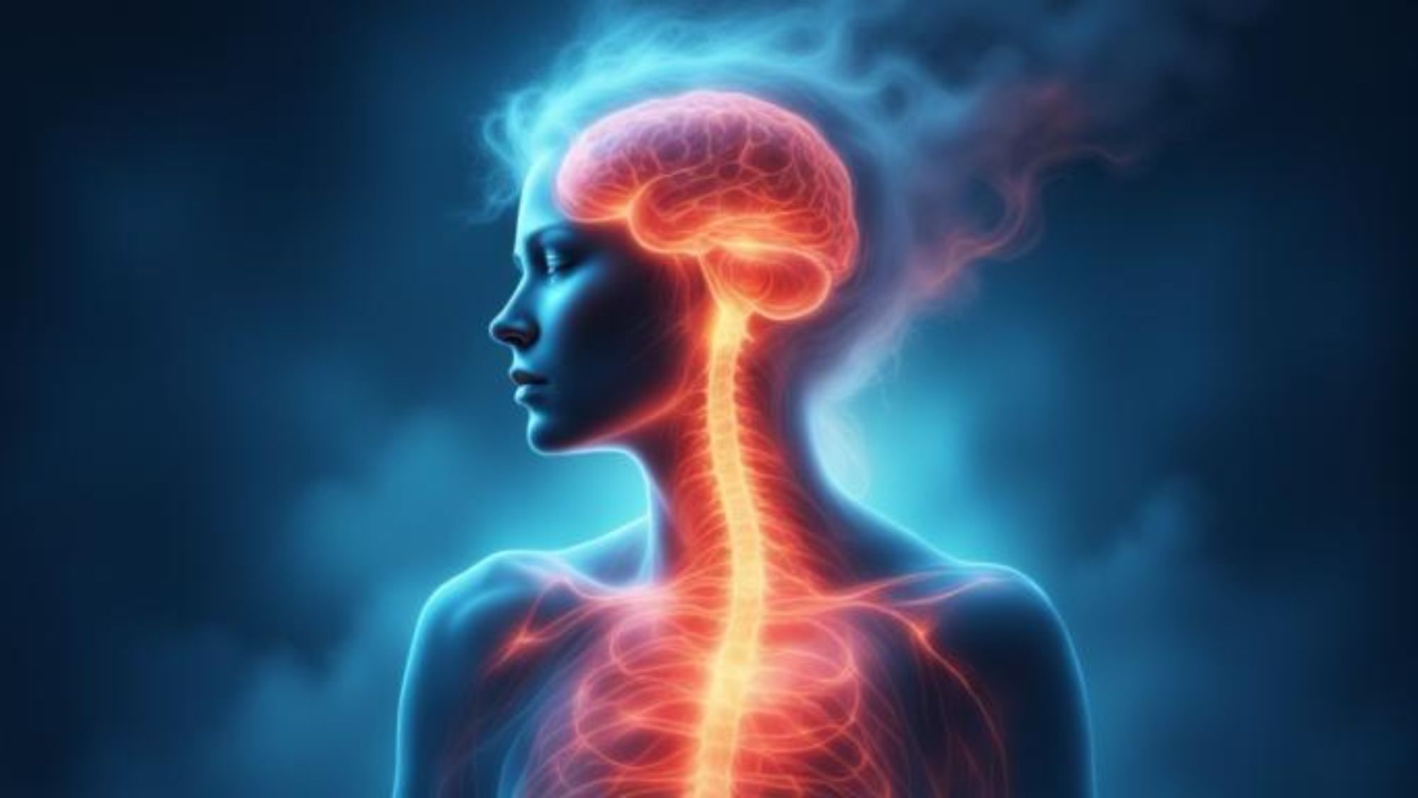3D holographic profile of a human figure with an intensely glowing brain and illuminated nervous system extending down the spine, surrounded by smoky light, symbolizing the physical and mental cost of constant mental simulation, overthinking, and stress on the body.