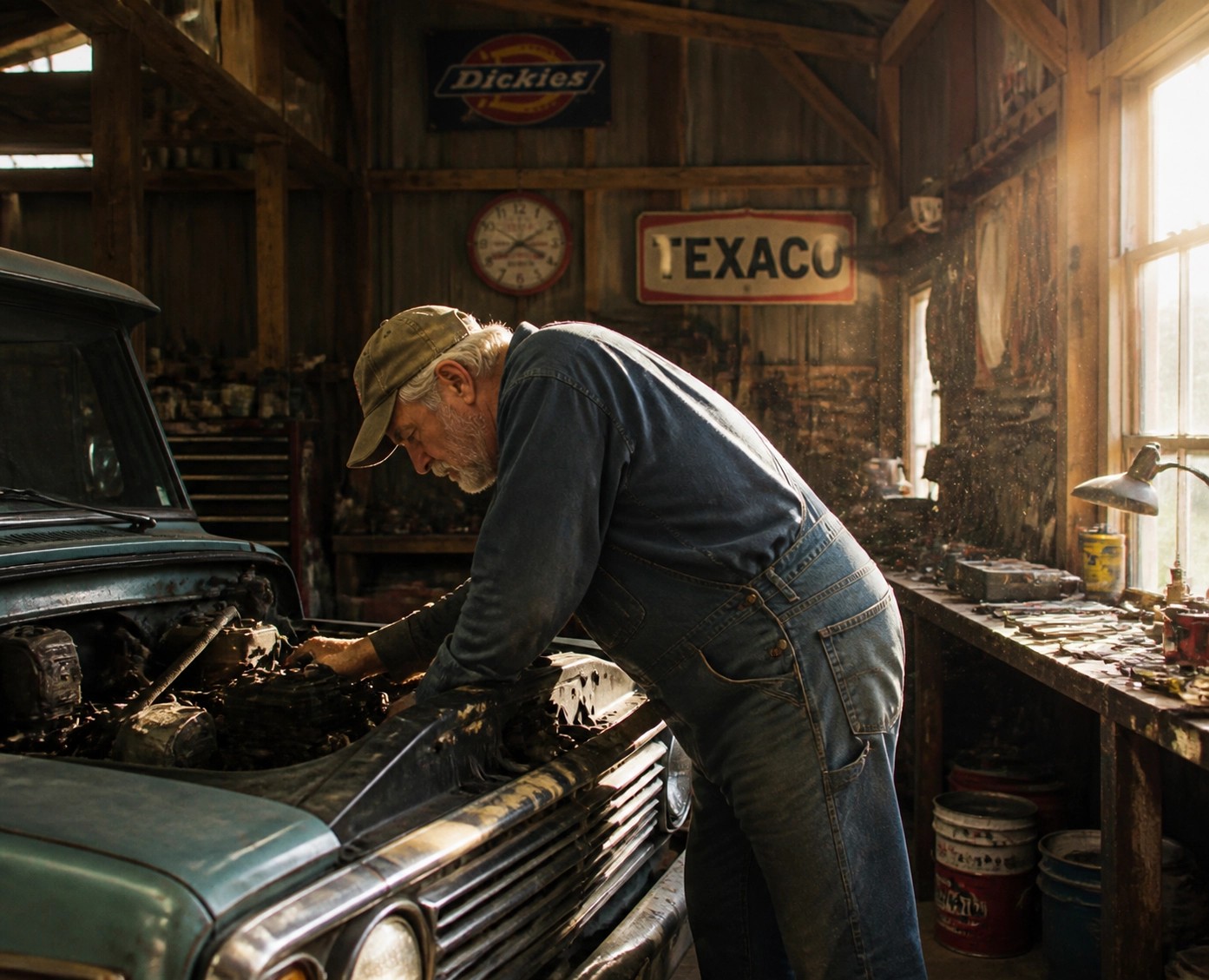 A seasoned mechanic working under the hood of a car, representing the peace of mind and job security that comes from mastering a hands-on craft.
