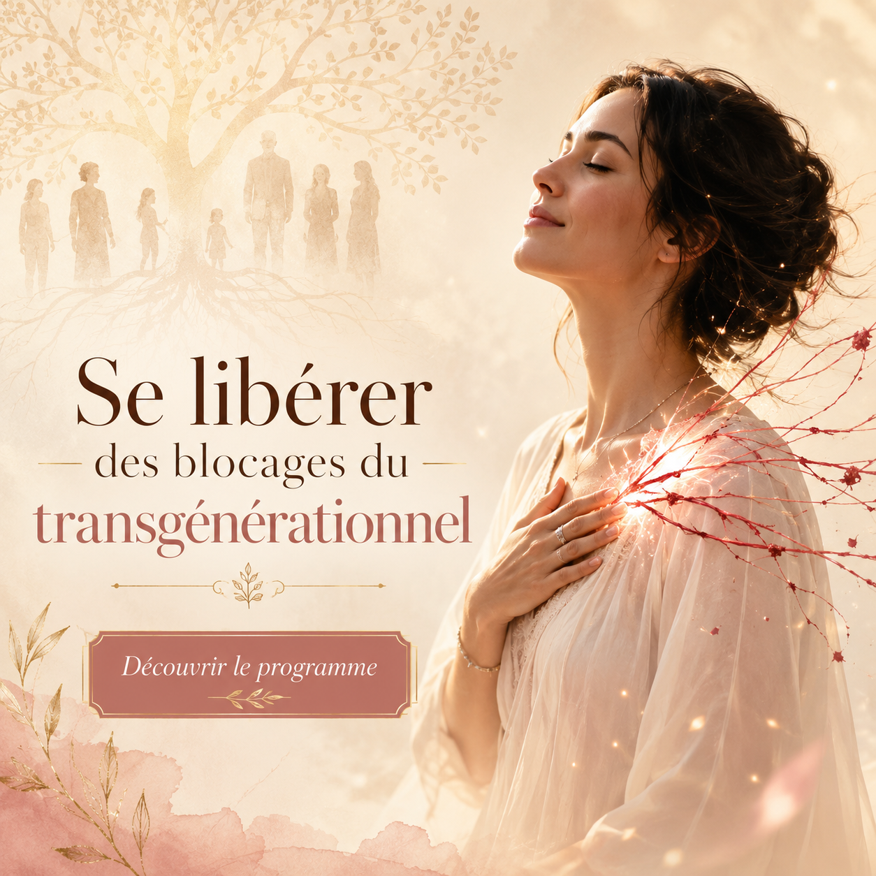 femme libérée d’un fil rouge symbolisant la libération des blocages transgénérationnels