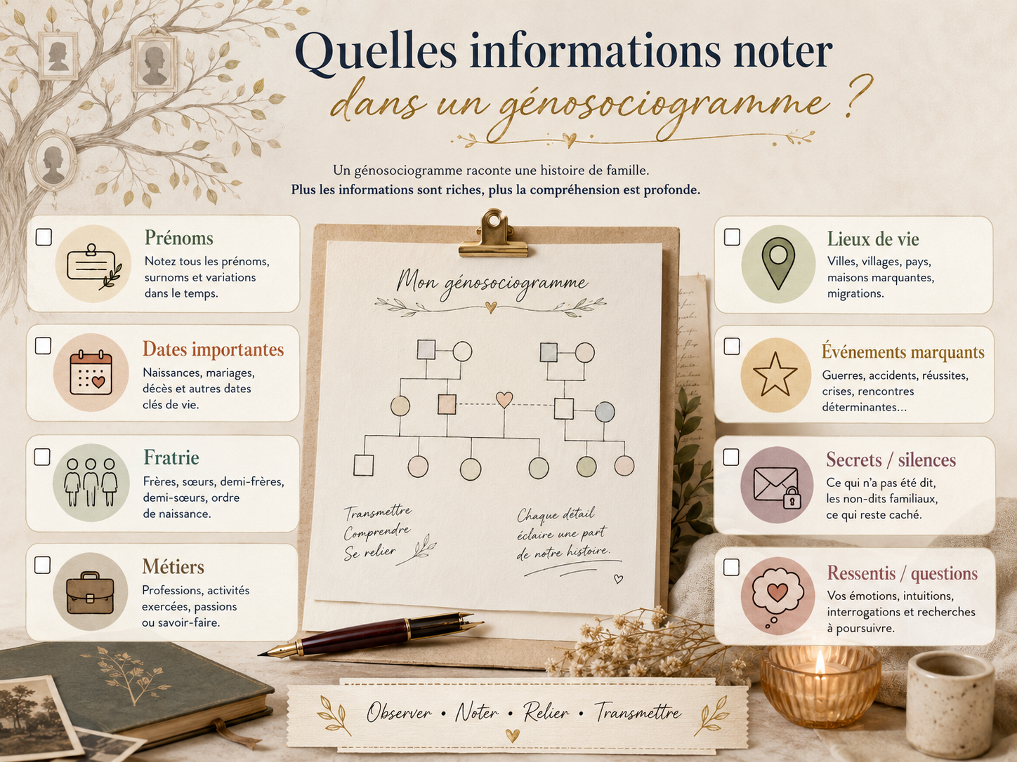 Visuel récapitulatif des informations à noter dans un génosociogramme comme les prénoms, dates, fratrie, métiers, lieux de vie, événements marquants, secrets familiaux et ressentis