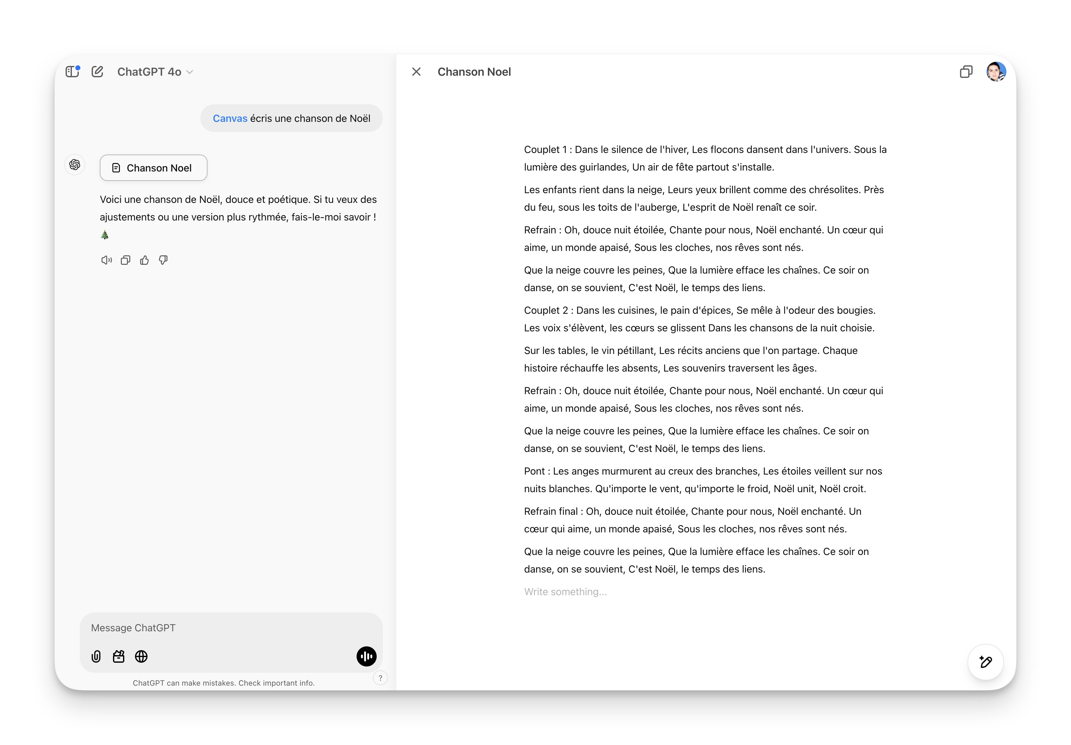 L'interface du mode Canvas sur ChatGPT
