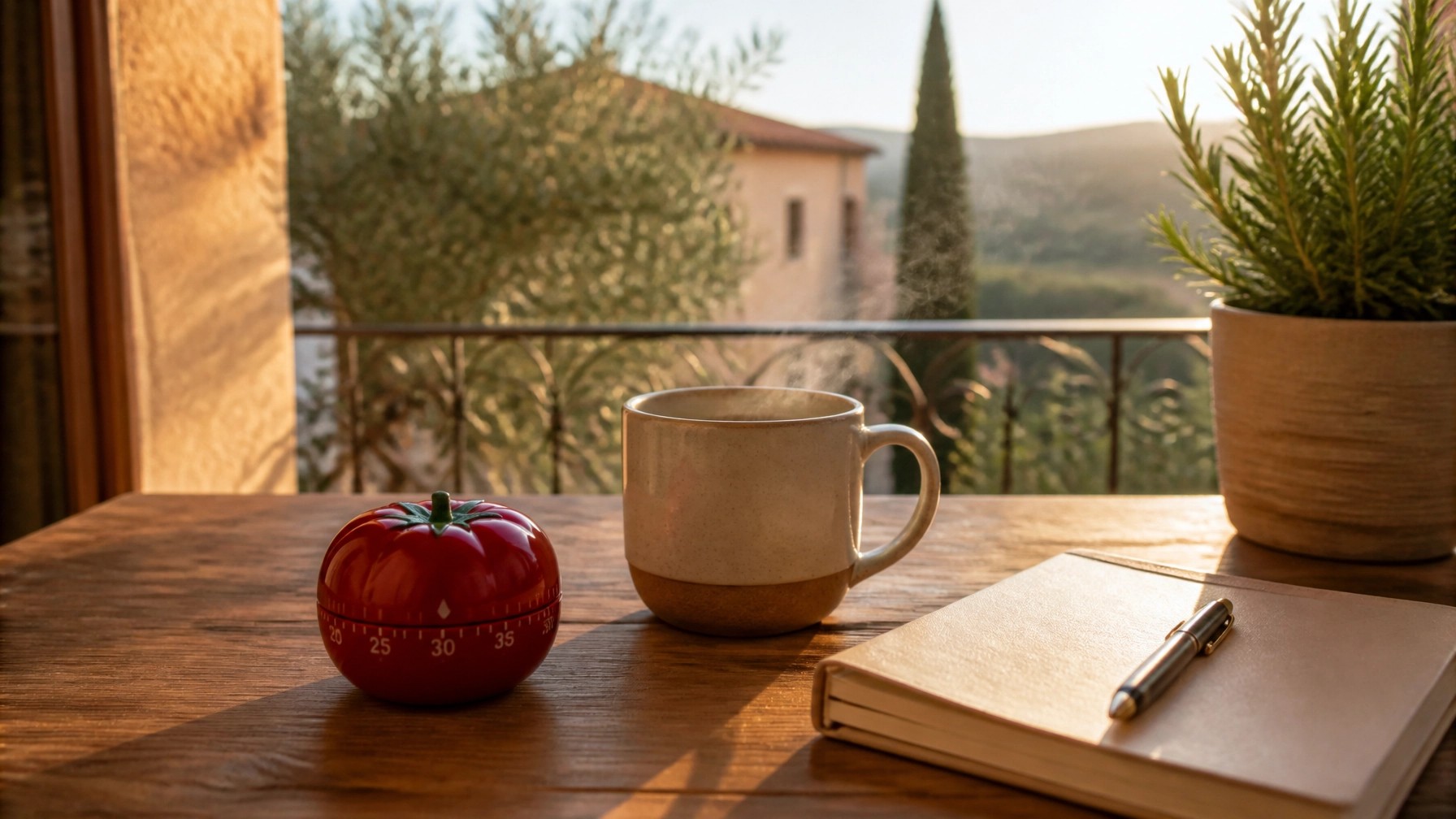 A cozy, minimalist workspace featuring a white Pomodoro timer on a wooden desk, with a beautiful Mediterranean coastal view through the window.