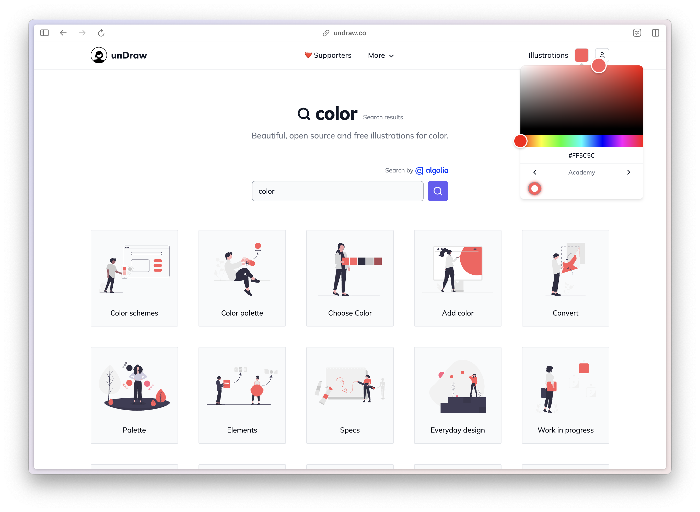 A screenshot showing how the saved brand color automatically change the color of the illustrations in Undraw