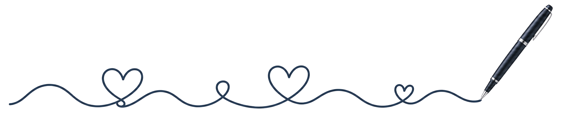 A black pen draws a flowing line that forms several heart shapes on a white background.