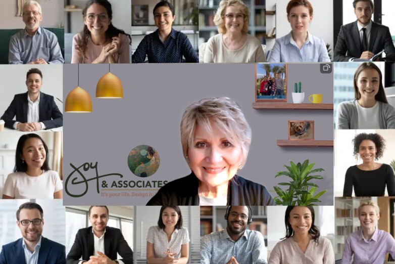 A group of diverse individuals in a virtual coaching session, showing the power of community and support.