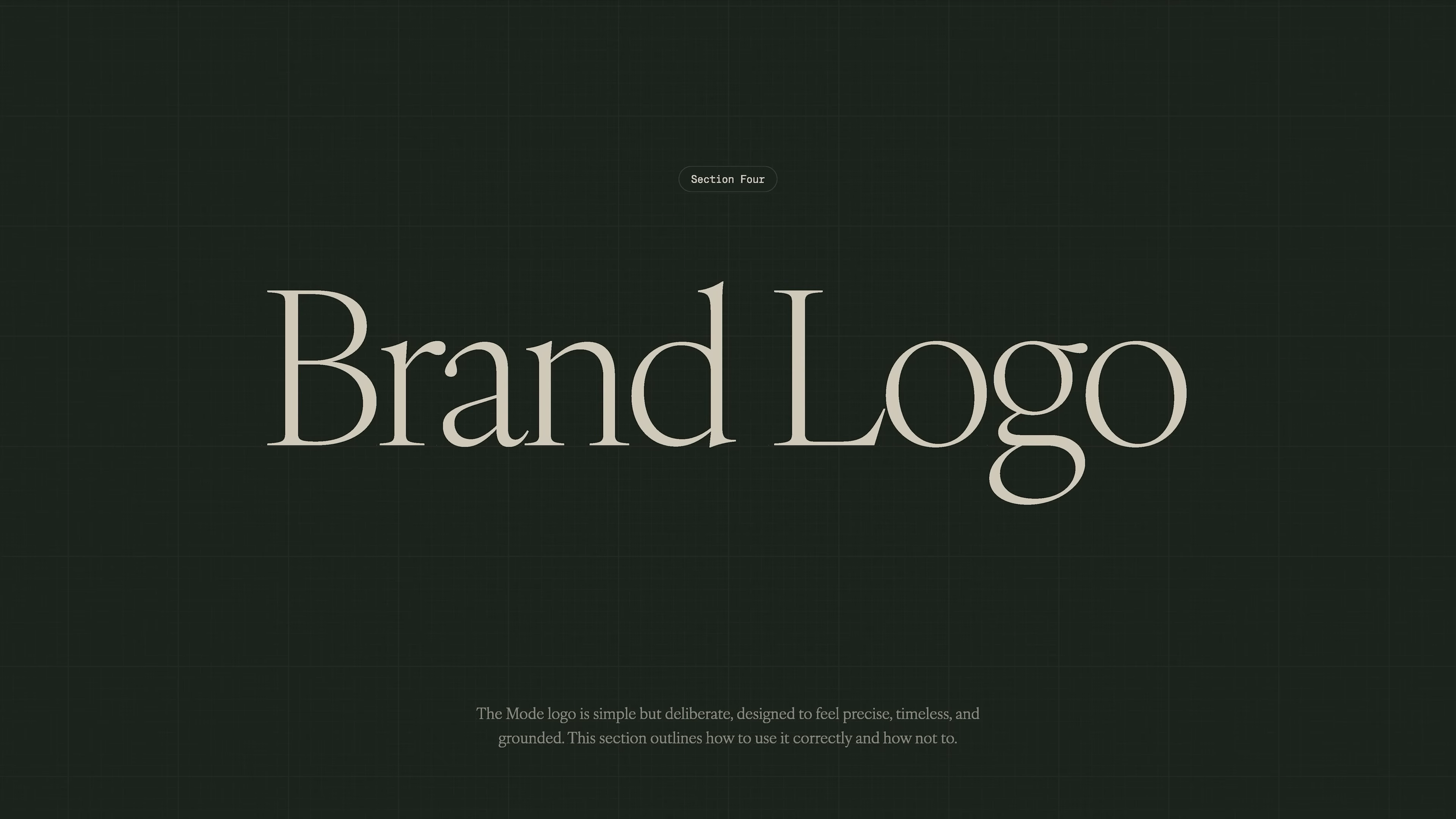 Section divider in Mode’s brand guidelines introducing the logo standards, displayed in bold serif typography on a dark, gridded background. This moment in the brand video spotlights the careful consideration behind Mode’s visual assets and the importance of a timeless, distinctive logo for a premium keyboard brand.