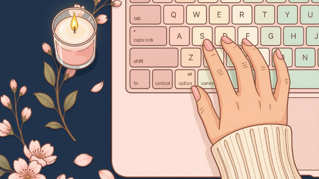 A hand types on a laptop keyboard beside a lit candle and cherry blossoms on a soft blue and pink background.