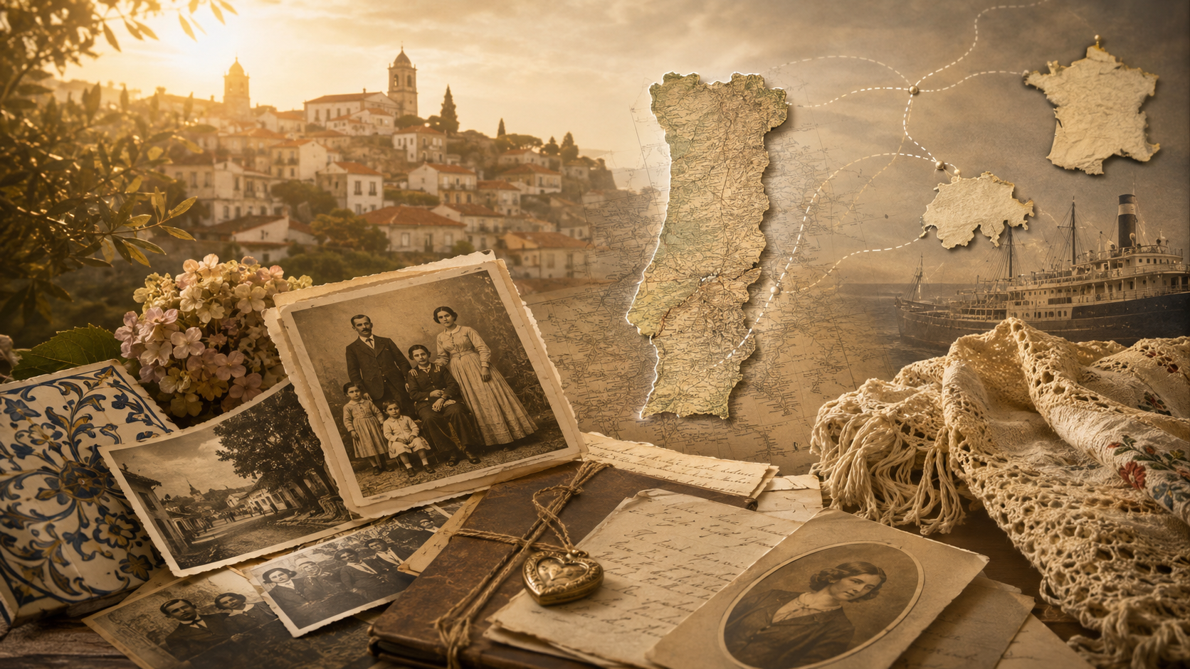 Photos de famille, carte du Portugal et itinéraires de migration illustrant une lignée portugaise en recherche transgénérationnelle