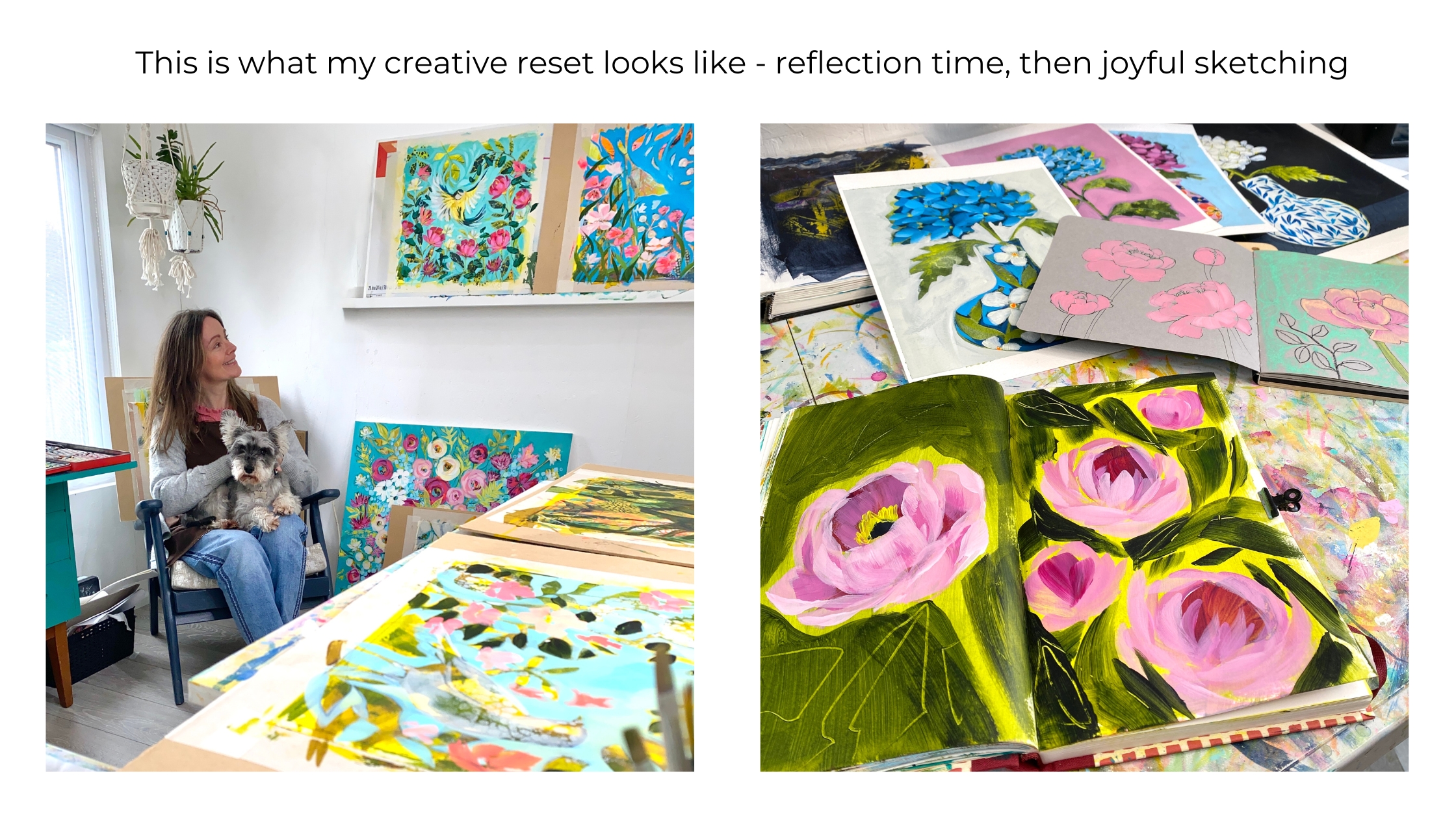 lynsay  Green in studio, floral sketchbooks