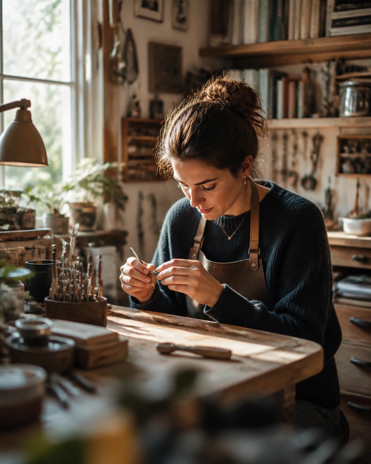  A woman in a sunlit workshop wearing an apron, focused intently on working with small, intricate tools at a wooden workbench.