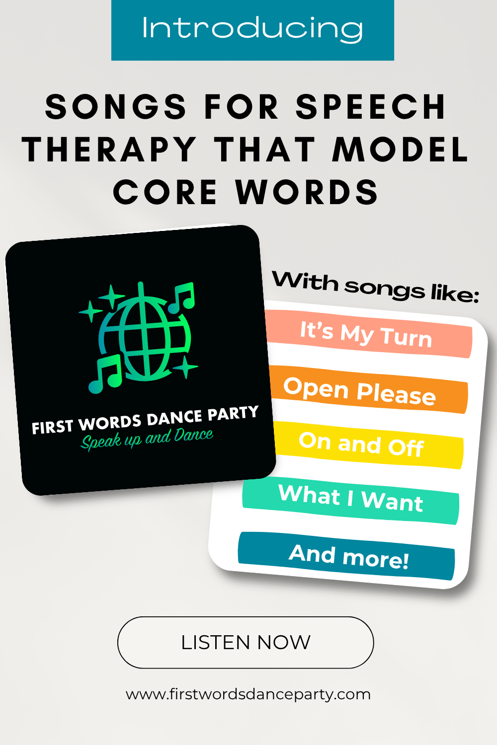 Songs for speech therapy that feature core words, from First Words Dance Party.