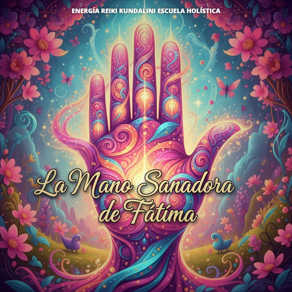 La imagen de una mano colorida, en un fondo mágico de colores, representando la mano de Fátima. la imagen tiene un texto que dice: "La Mano Sanadora de Fátima"