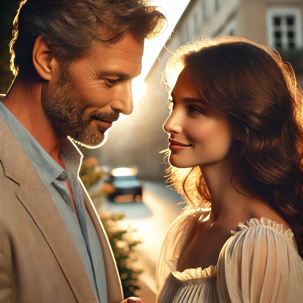 Couple se retrouvant après une rupture, échangeant un regard complice rempli d’émotion et d’espoir amoureux