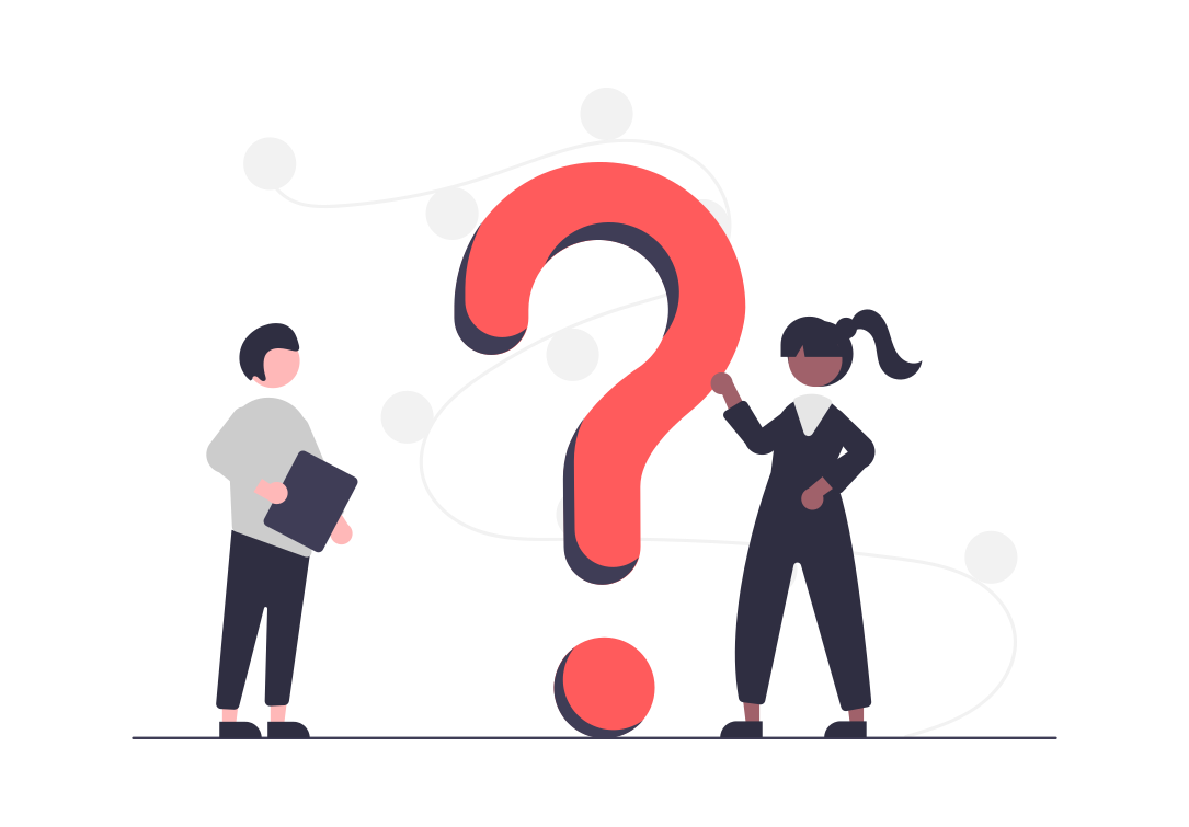 Illustration of two people interacting with a huge question mark