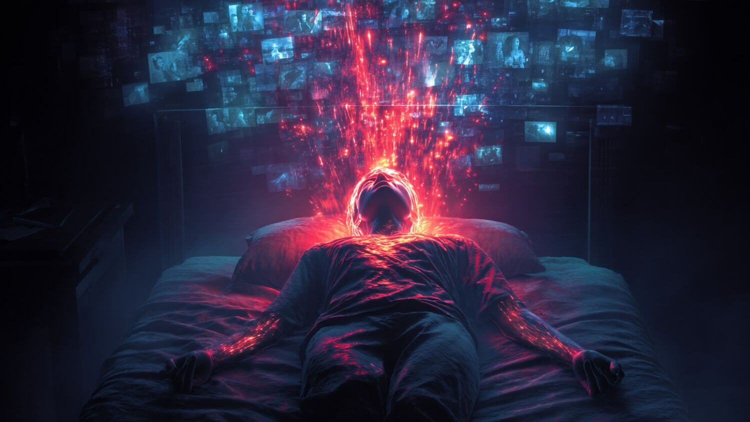 Person lying flat in bed in a dark room, body illuminated by intense red energy radiating upward from the head, streams of glowing particles rising toward a wall filled with fragmented images, deep blue and magenta tones creating a cinematic scene symbolizing intrusive thoughts, memory overload, and nighttime stress activation.