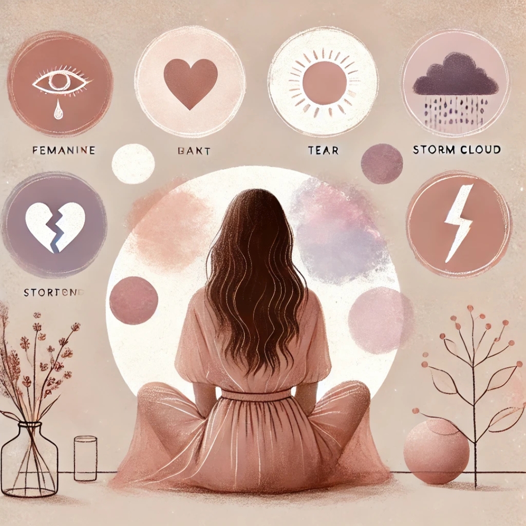 Femme pensive dans un espace paisible entourée de bulles pastel représentant des émotions héritées comme la tristesse et l’angoisse