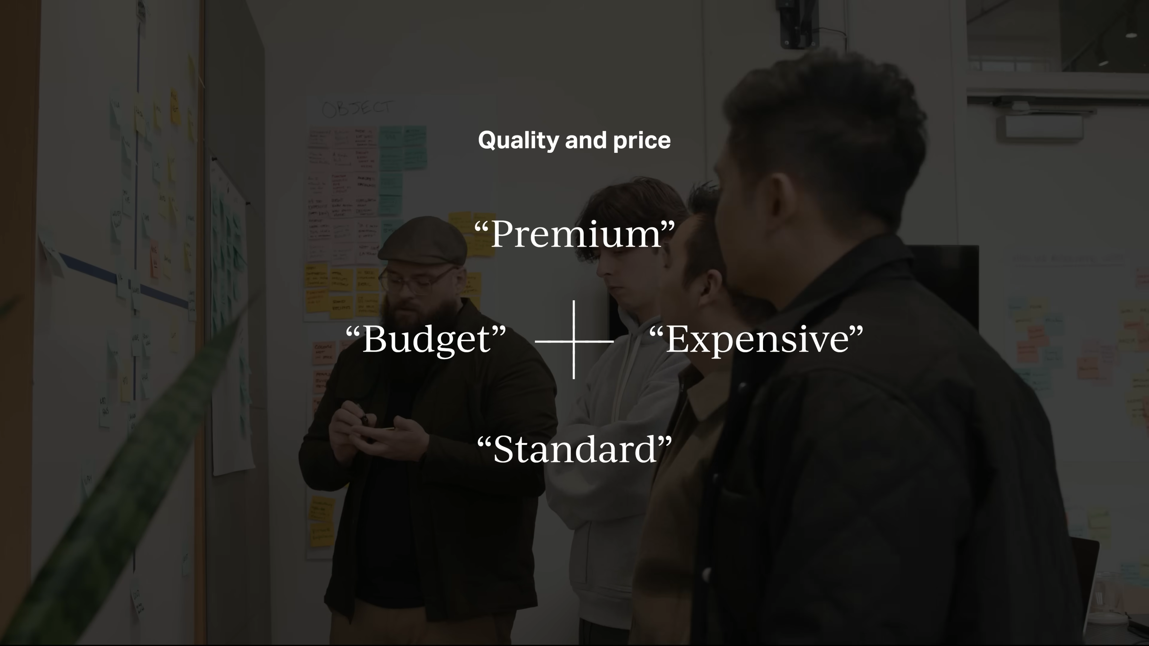 Team discussing quality and price brand positioning—premium, budget, expensive, standard—during Mode’s rebranding strategy session in Matthew Encina’s video.