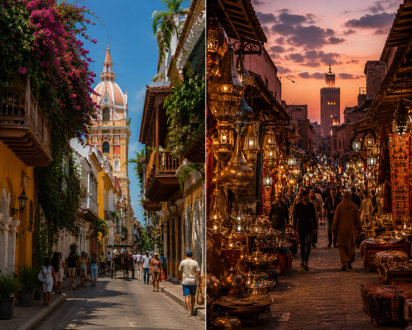Comparison of colorful colonial architecture lining a festive street in Cartagena Columbia's Old City, with flower balconies and a sultry golden hour in a Marrakech souk at dusk