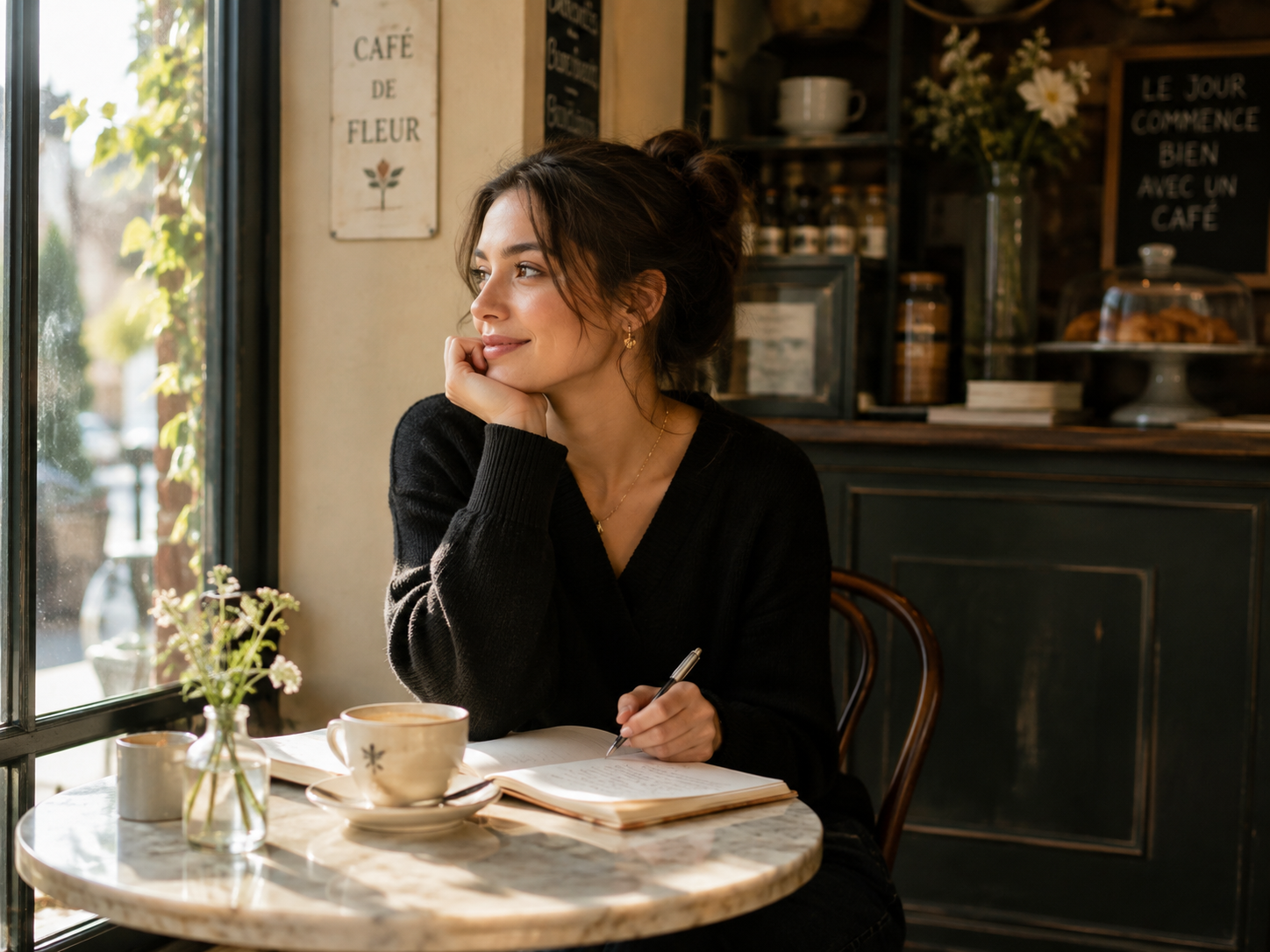 A woman sitting alone at a cafe table with coffee and a notebook while traveling solo