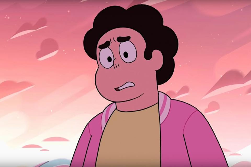Image du personnage Steven Universe soucieux et anxieux devant un ciel rose foncé