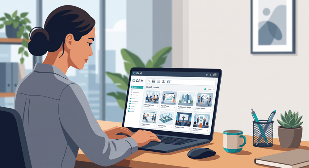 illustration of a lady at a laptop looking at a DAM search result listing