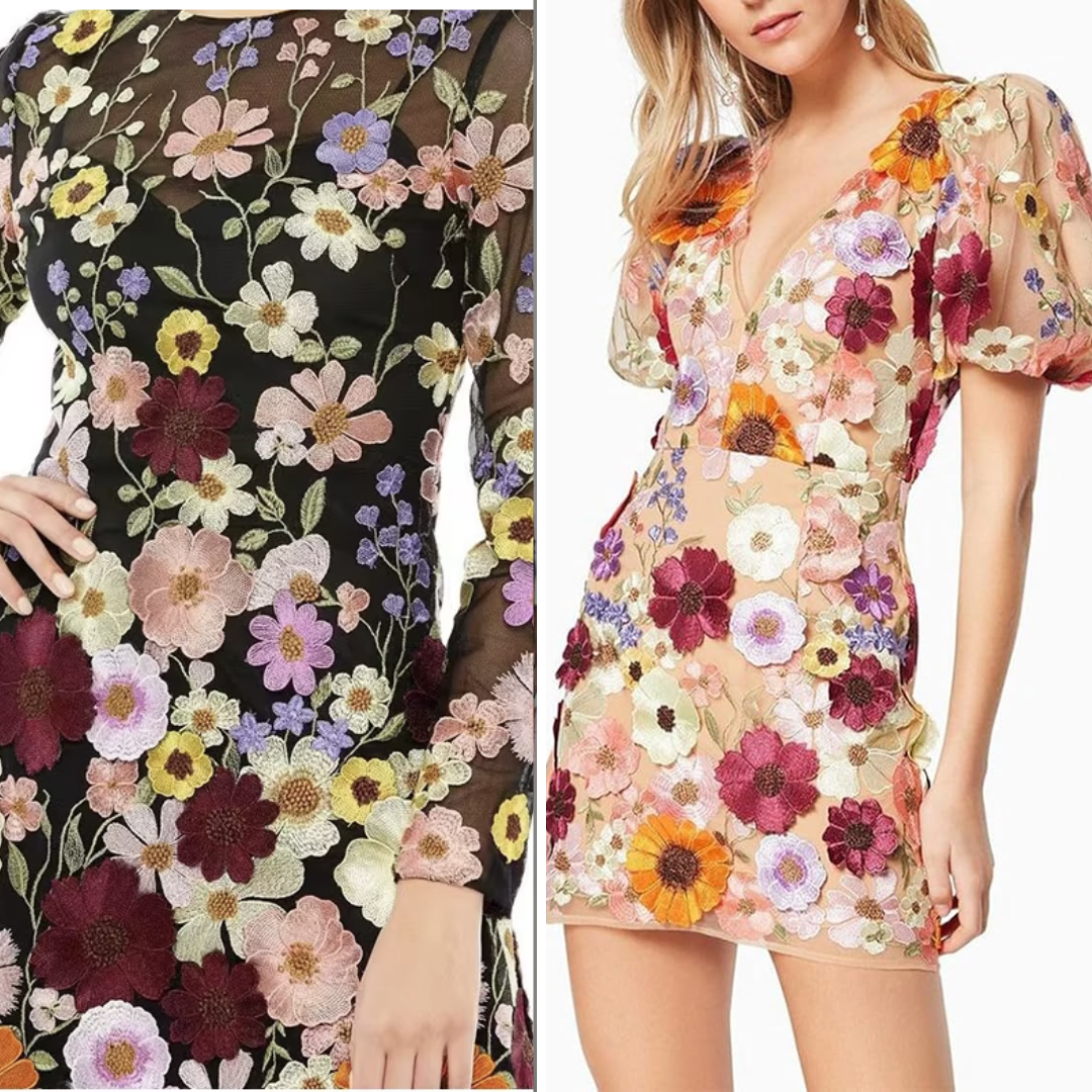 Side-by-side collage of fast fashion knock-offs mimicking Oscar de la Renta’s embroidered floral mini dress, showing simplified versions sold via online retailers.