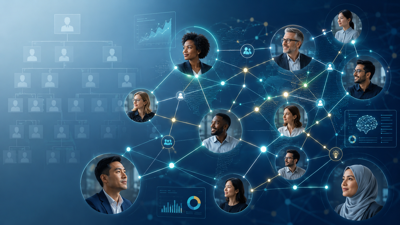 Group of people connected globally through an AI network